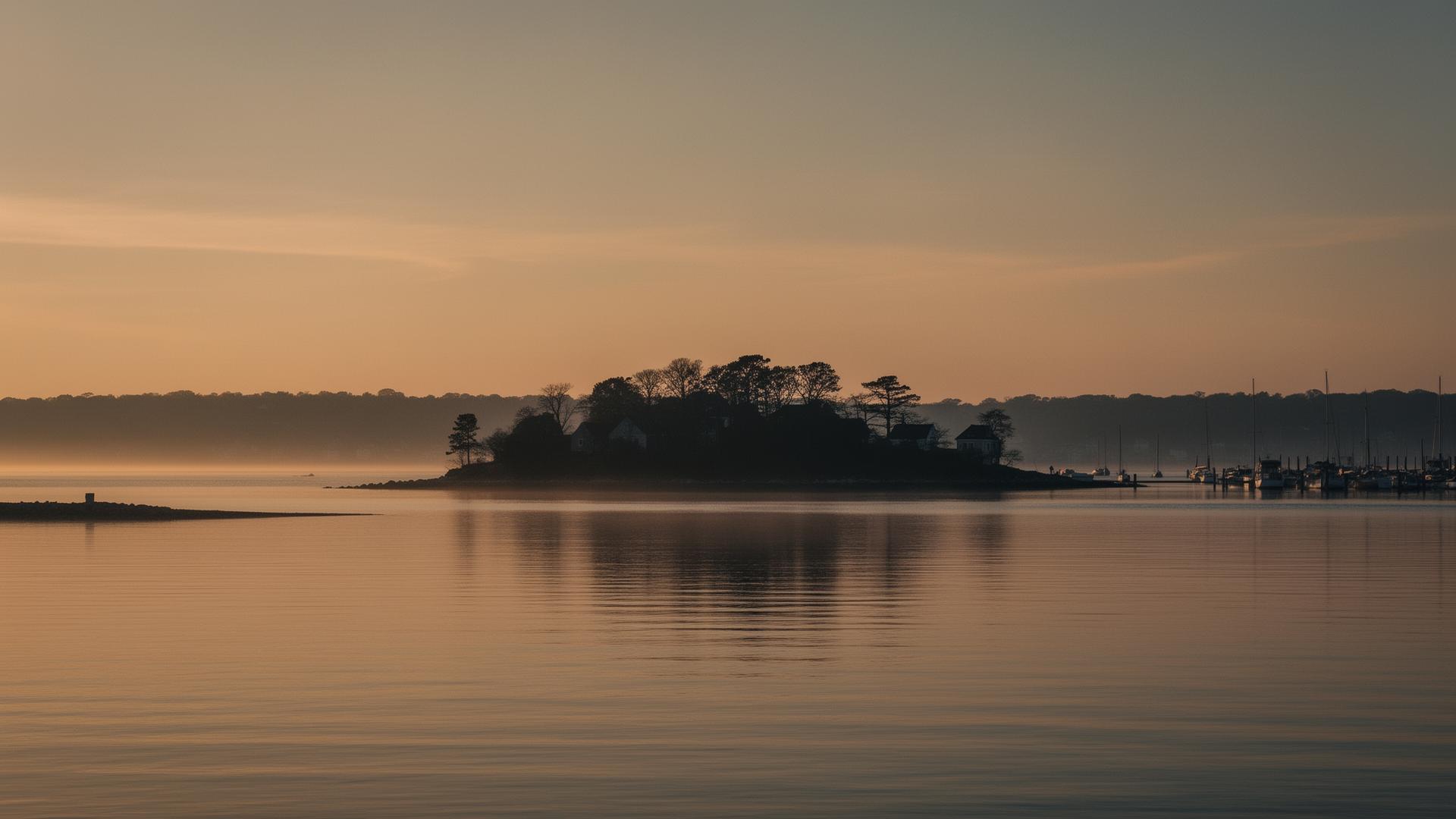 Twilight over Milford harbor and Charles Island
